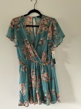 Trixxi Teal Floral Wrap Mini Dress